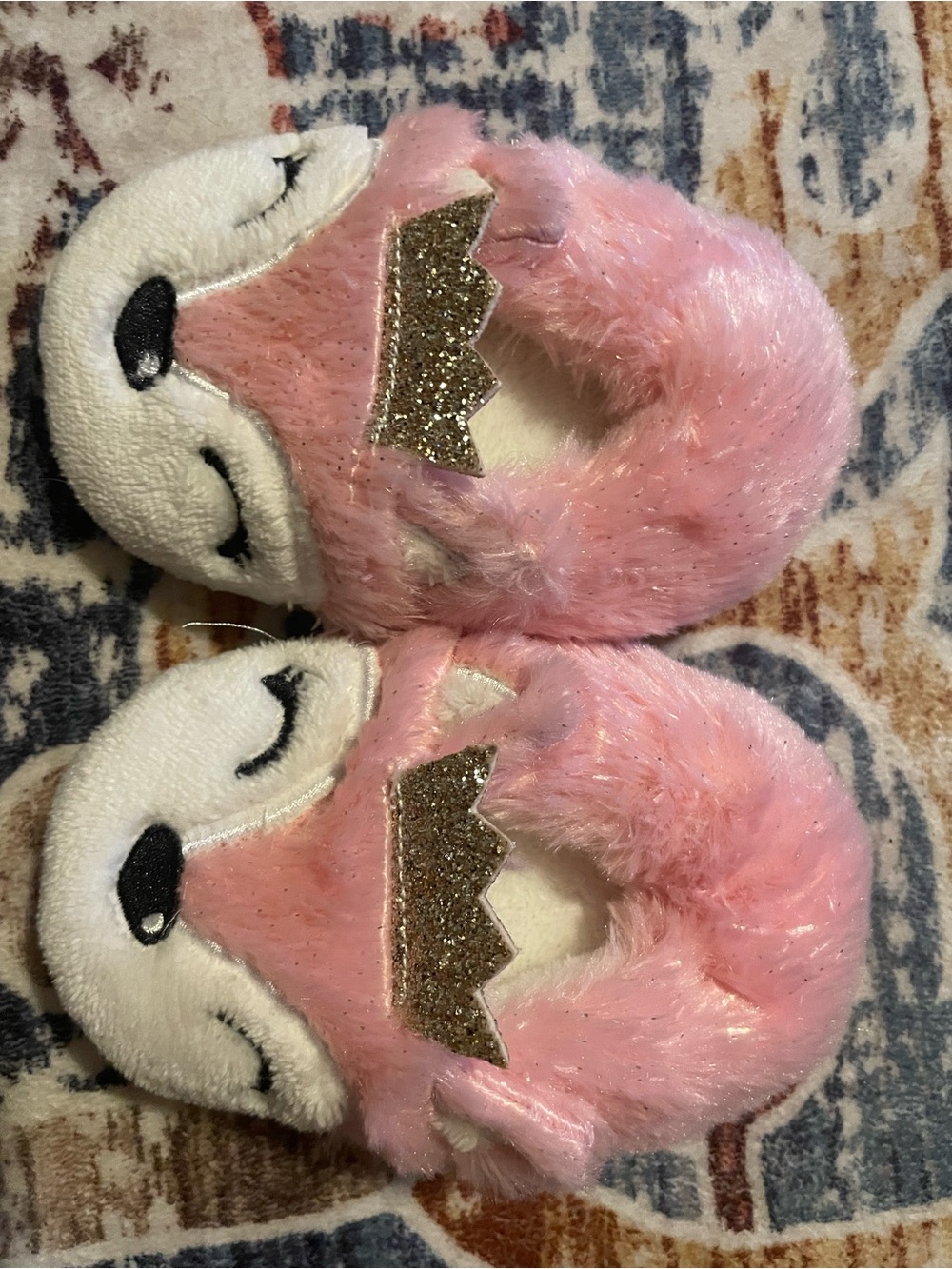 Pink Fuzzy Sloth Slippers with Gold Glitter Crowns